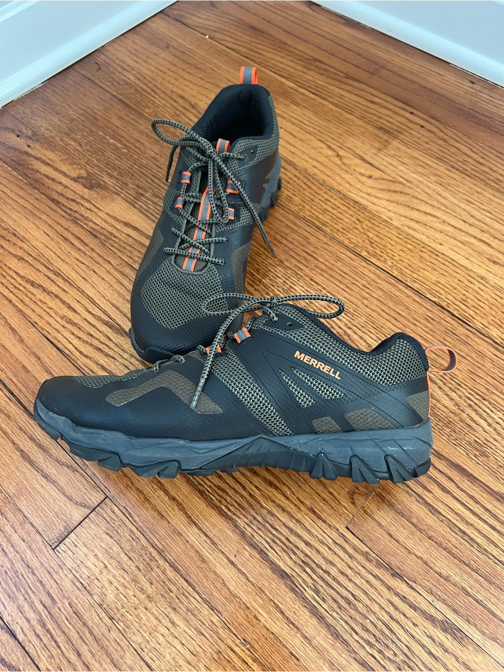 Merrell Men's Black and Olive Green Trail Sneakers with Orange Accents